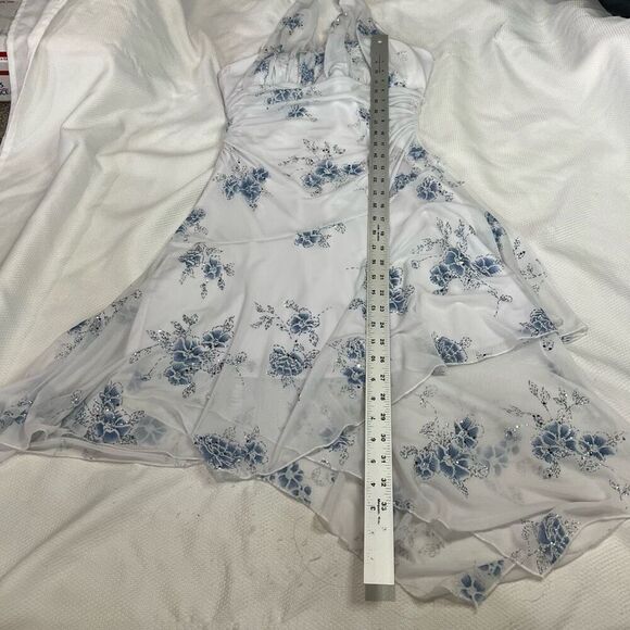 Y2K White Blue Halter Neck Ruffle Hem Dress - Picture 4 of 7